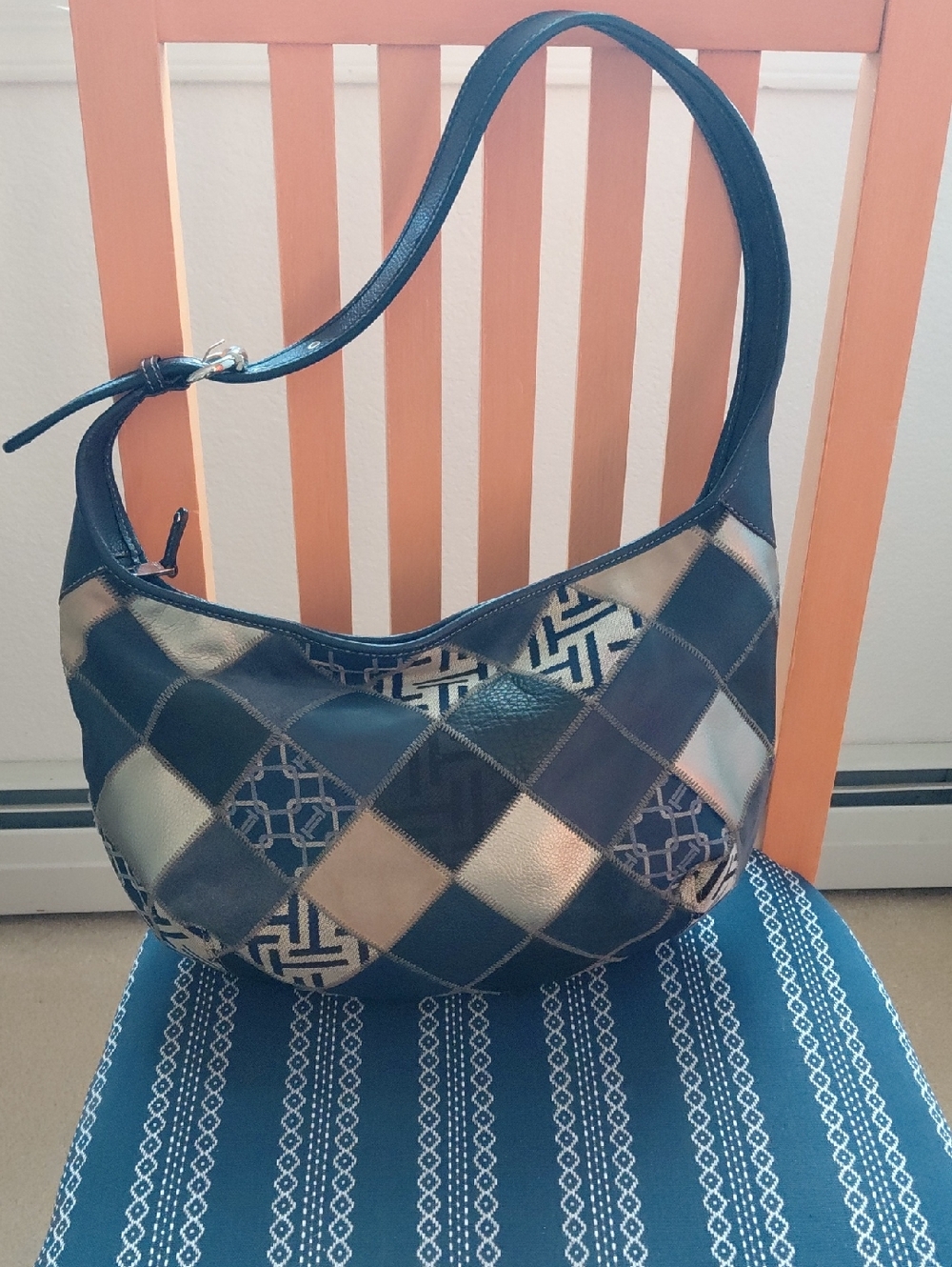 Tignanello Blue Patchwork Leather Hobo Shoulder Bag